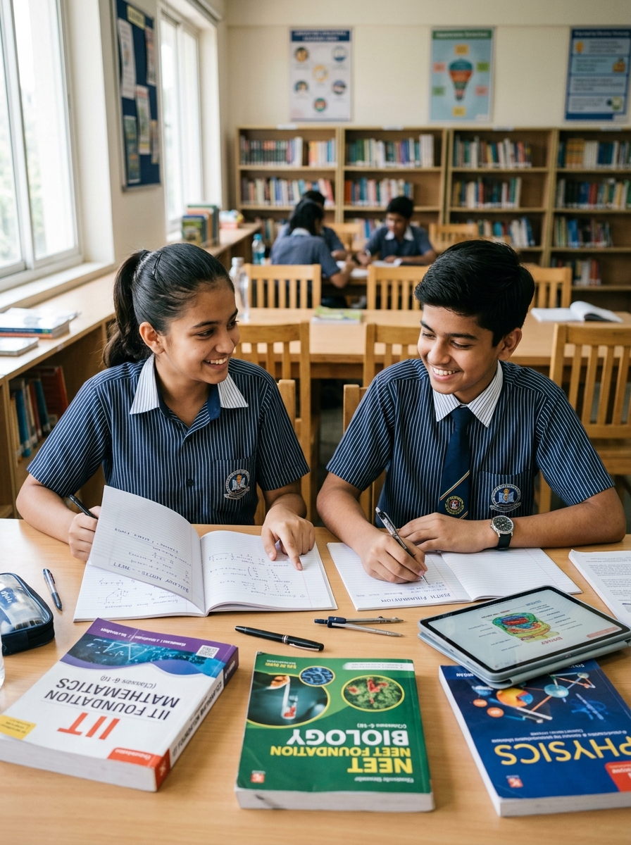 Indian students studying IIT-JEE and NEET foundation physics and digital tablet in classroom library